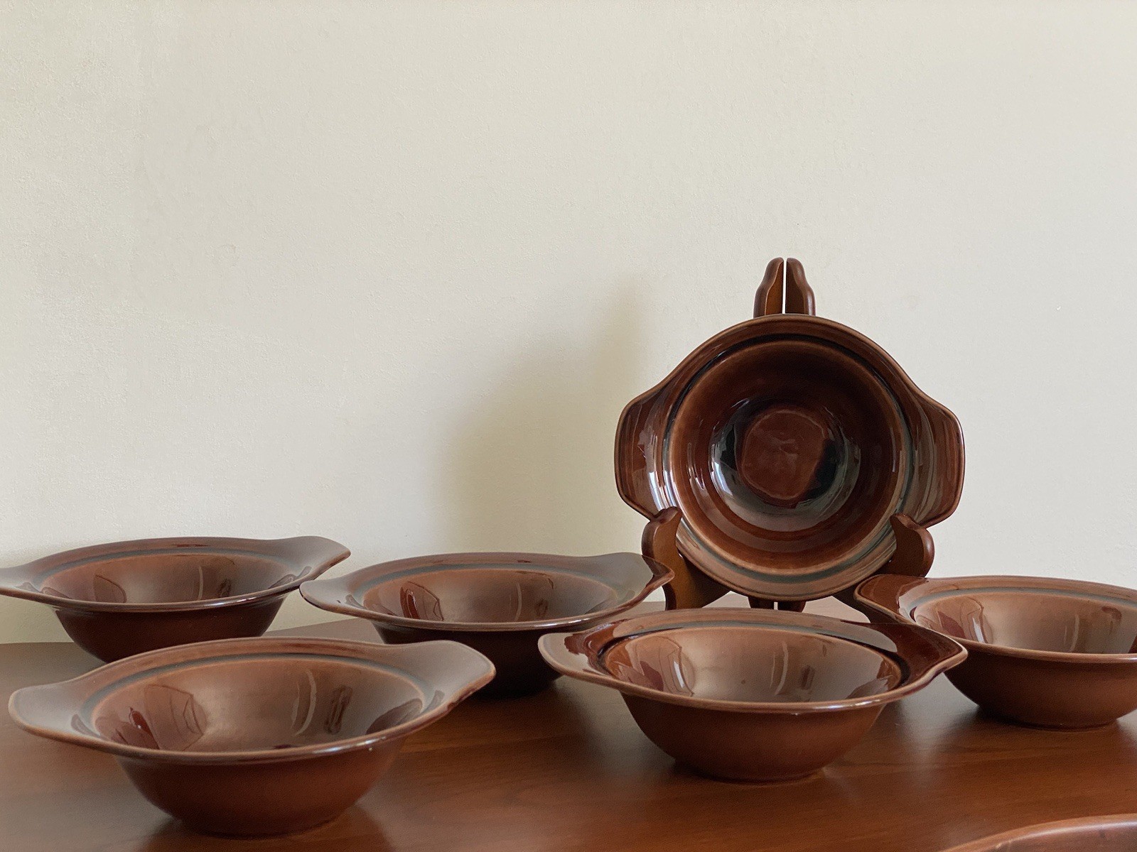 Set Of 6 Early California Brown Lugged Chowder Soup Bowls Vernon Kilns Vintage