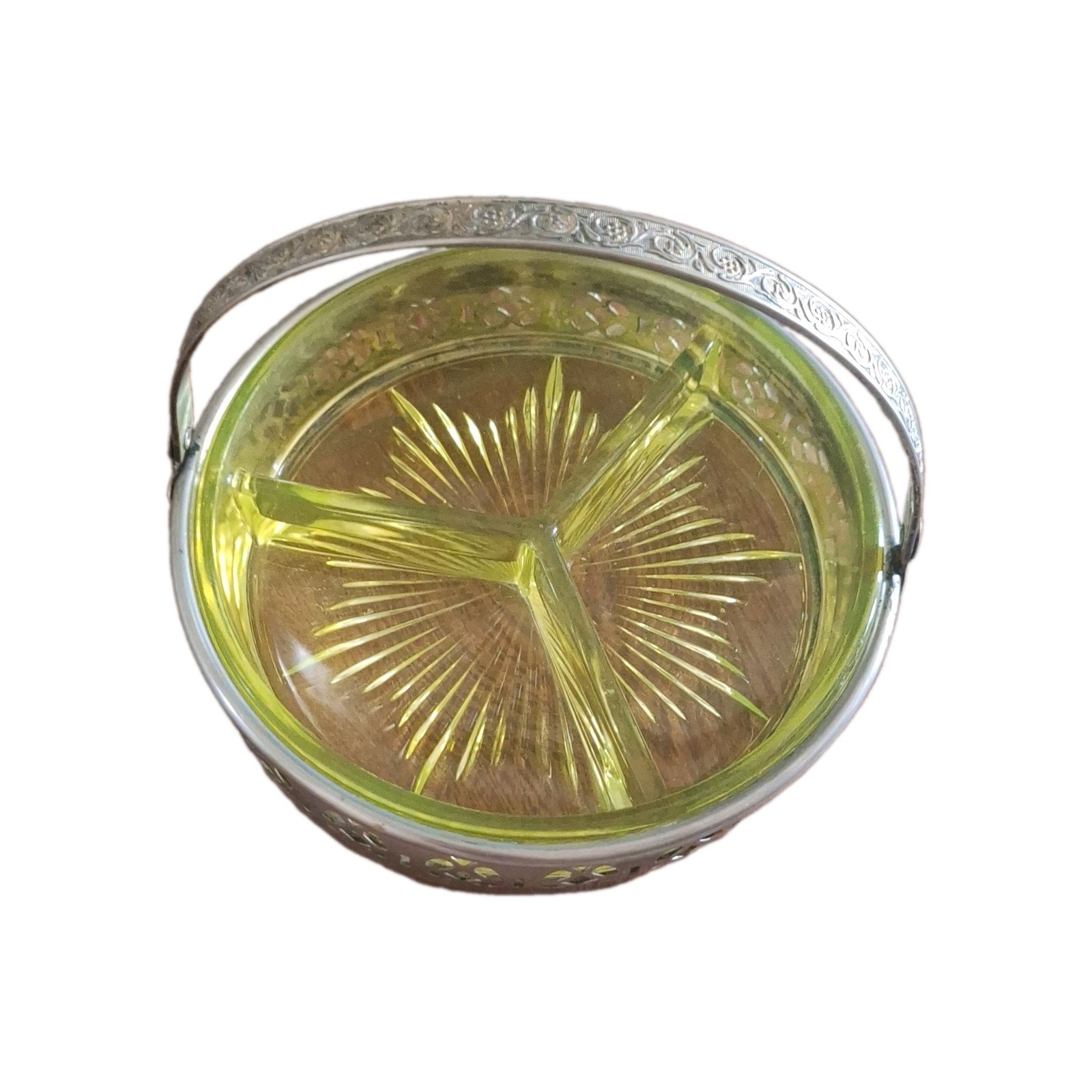 Vintage Chrome & Vaseline Glass Divided Relish Tray UV Reactive Minor Flea BITE