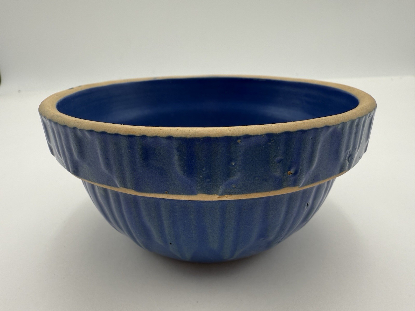 5 1/4” ROUND -CLAY CITY POTTERY CROCK/BOWL – BLUE PICKETT FENCE E95