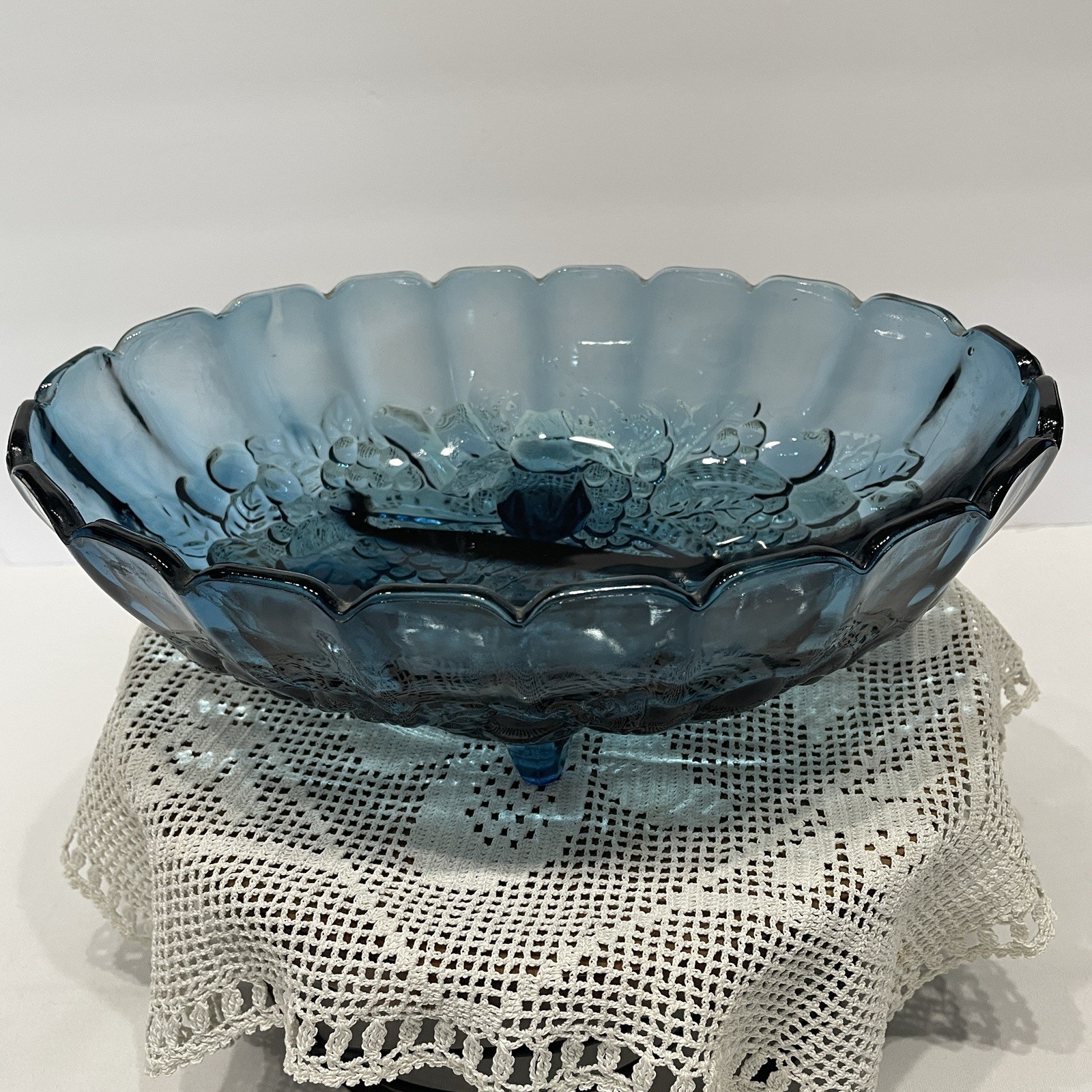 Vintage Indiana Glass Blue Garland Fruit Bowl Footed Oval 12inches Harvest Grape