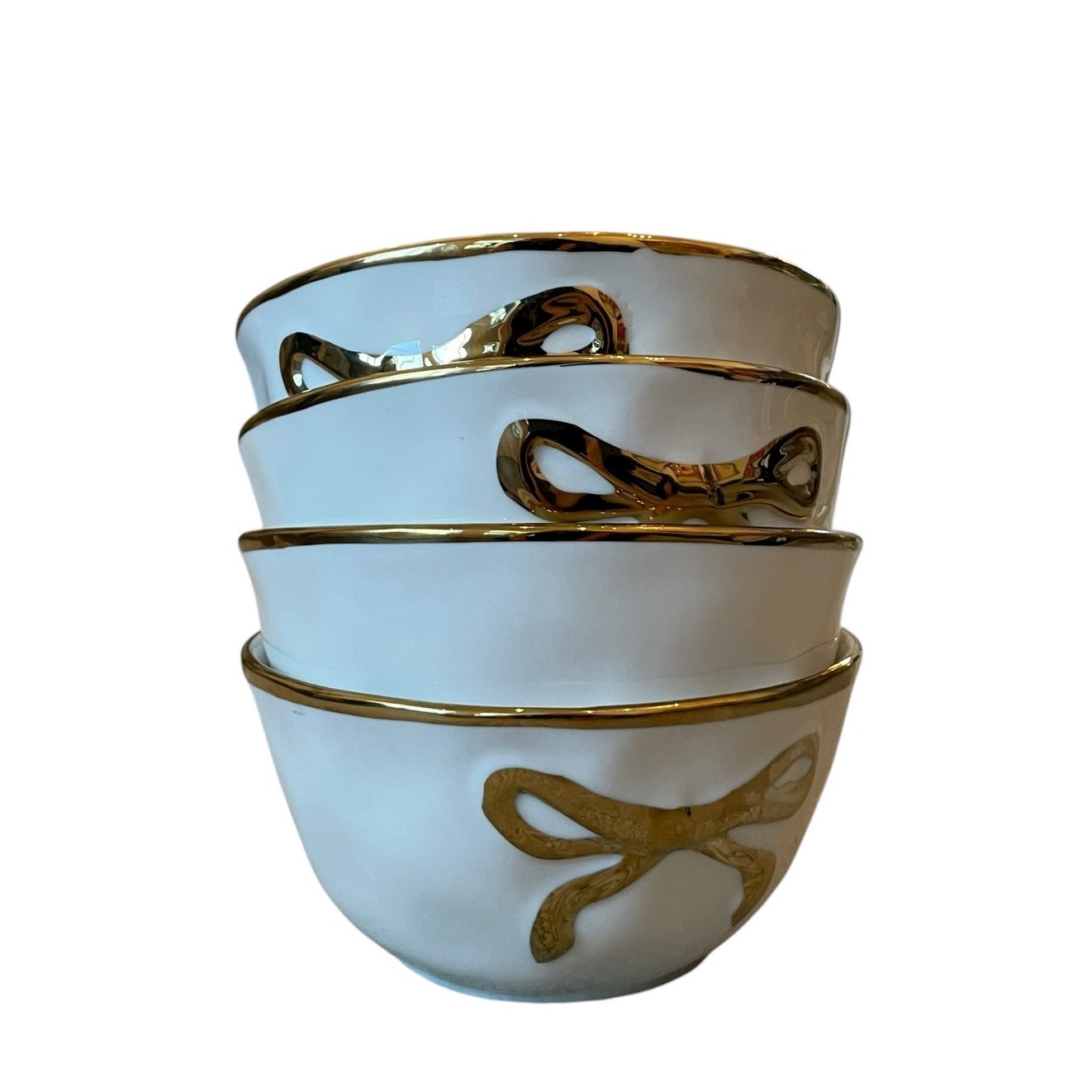 Hand Painted Coquette GOLD BOW Salad Bowls 6.25in White Ceramic Set of 4 NEW
