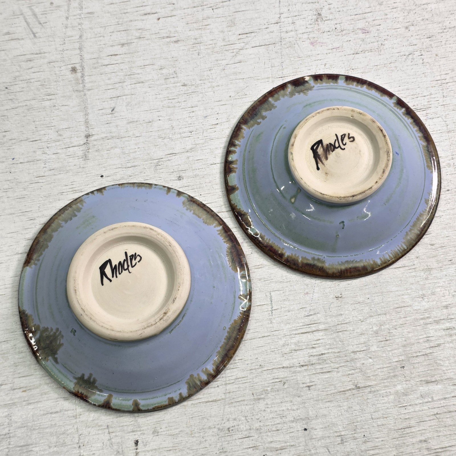 Handmade Studio Pottery Small Bowls Set of 2 Signed Rhodes Drip Glaze 5″ EUC