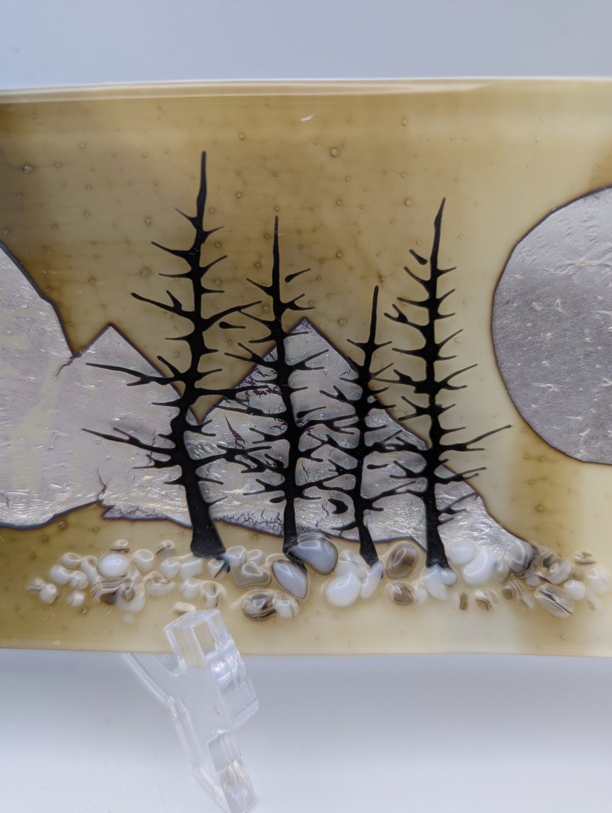Fused Glass Mixed Media Art Glass Tray- Mountain Scene