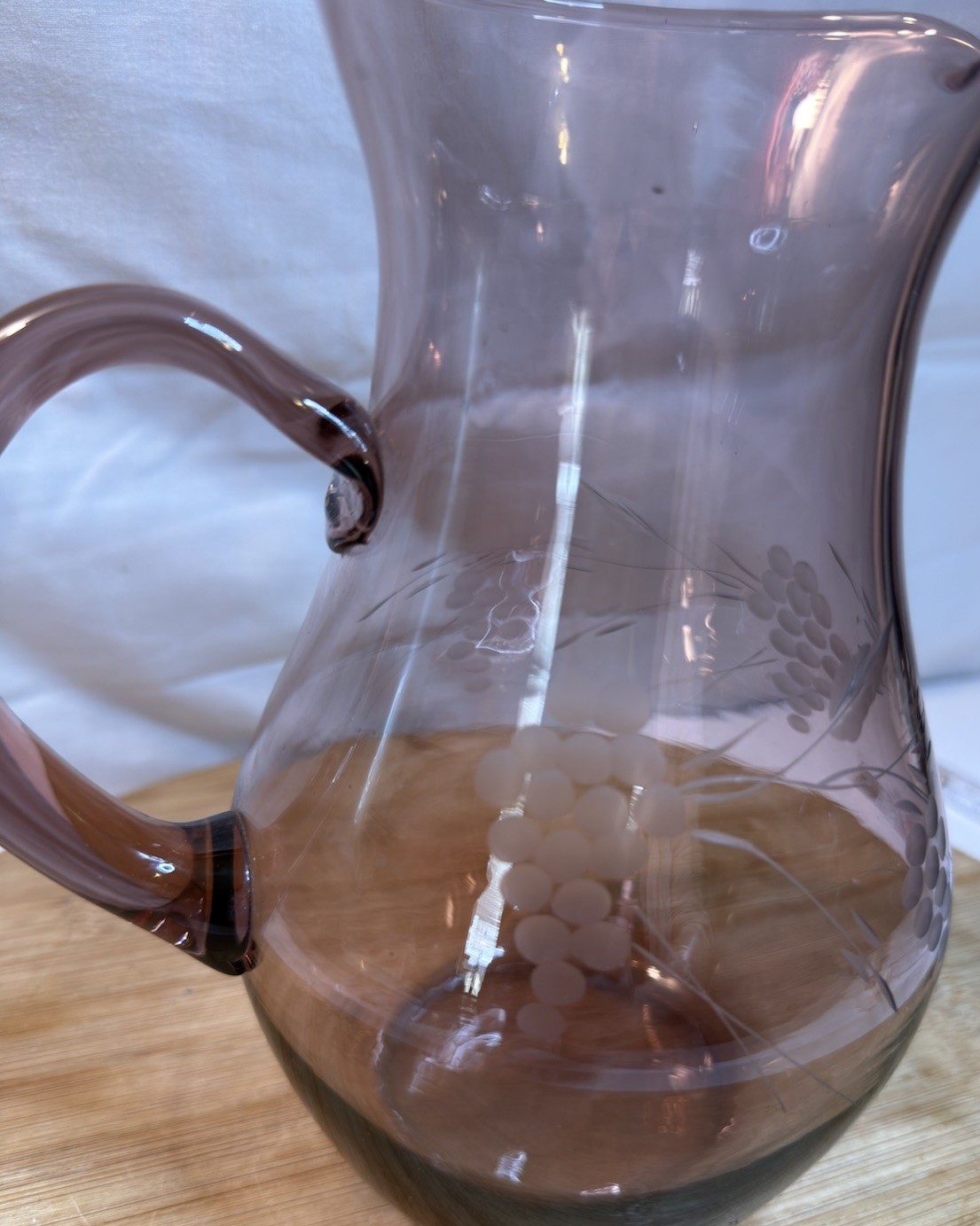Vintage Amethyst Etched Grape Vine Glass Pitcher Applied Handle 8.5”