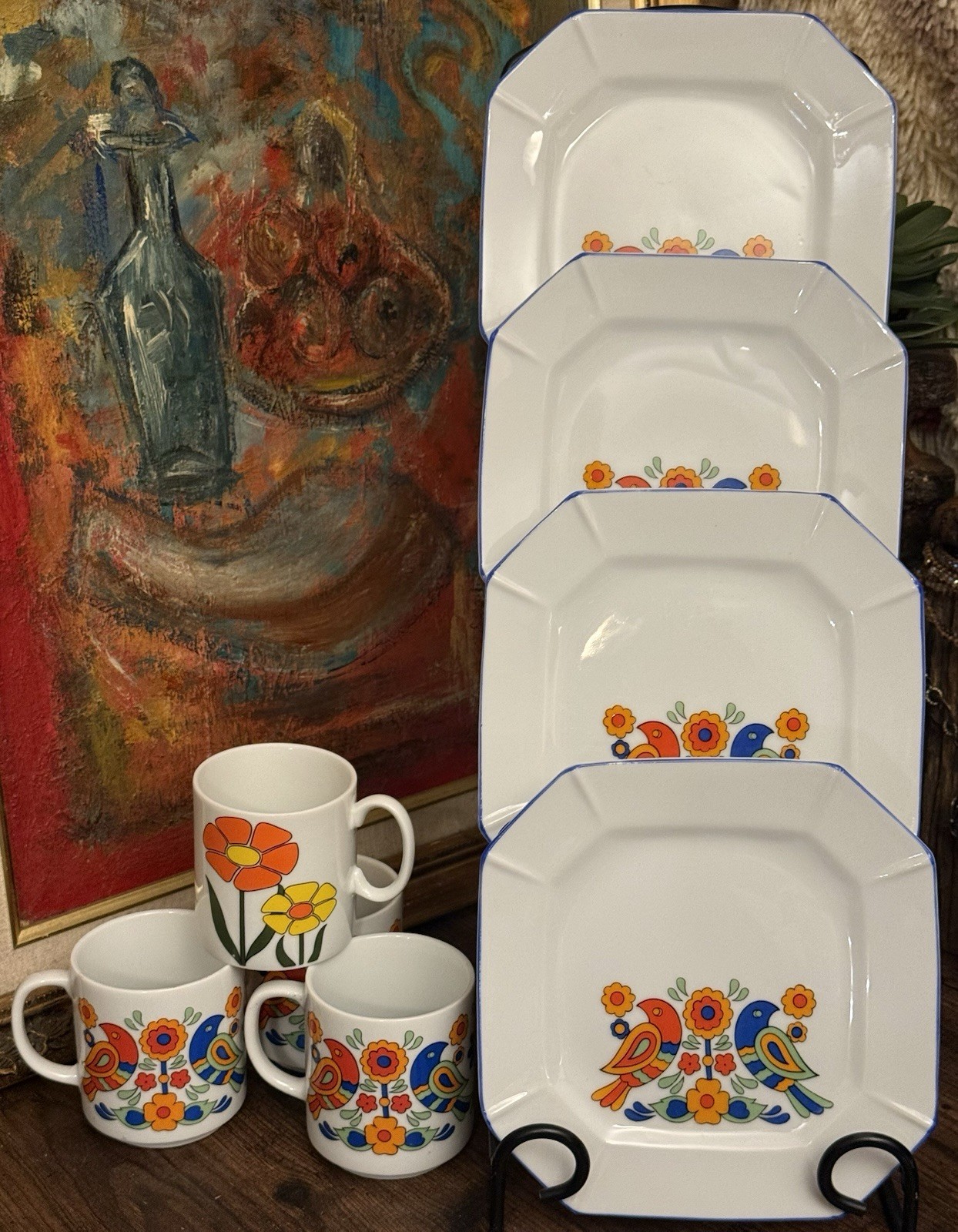 8pc VTG 70s Scandinavian Folk Art Style Bird Snackware Plates Mugs Groovy Happy