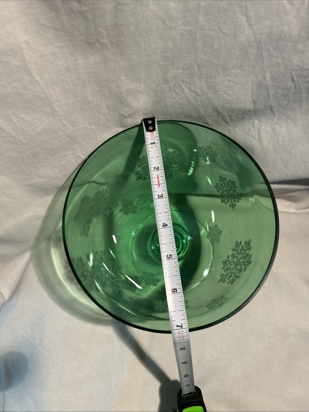 Green Glass Round FTD Snowflake Compote On Pedestal Base Serving Bowl