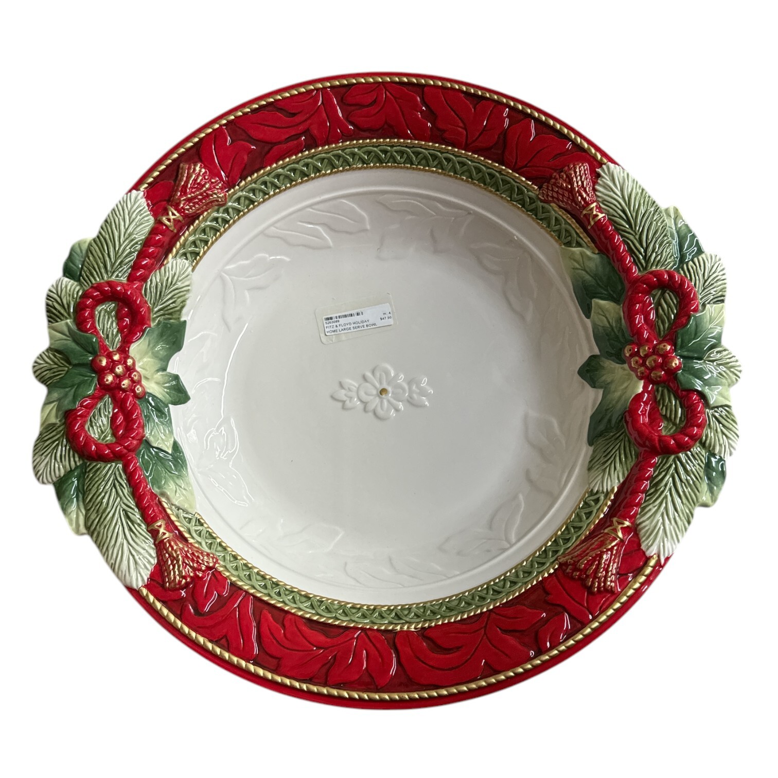 Fitz & Floyd Holiday Home Large Serving Bowl Holly Ribbon NWT No Box