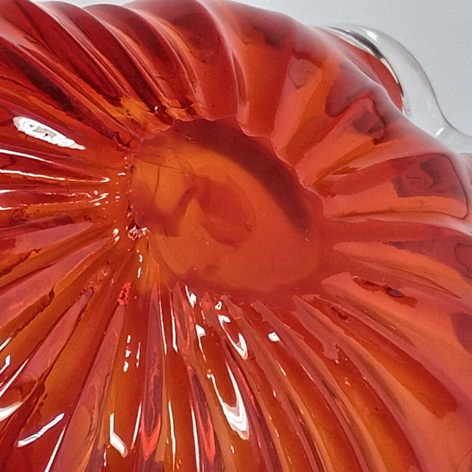 Vintage MCM Art Glass Free Form Handled Bon Bon Dish Red Persimmon Crystal Clear