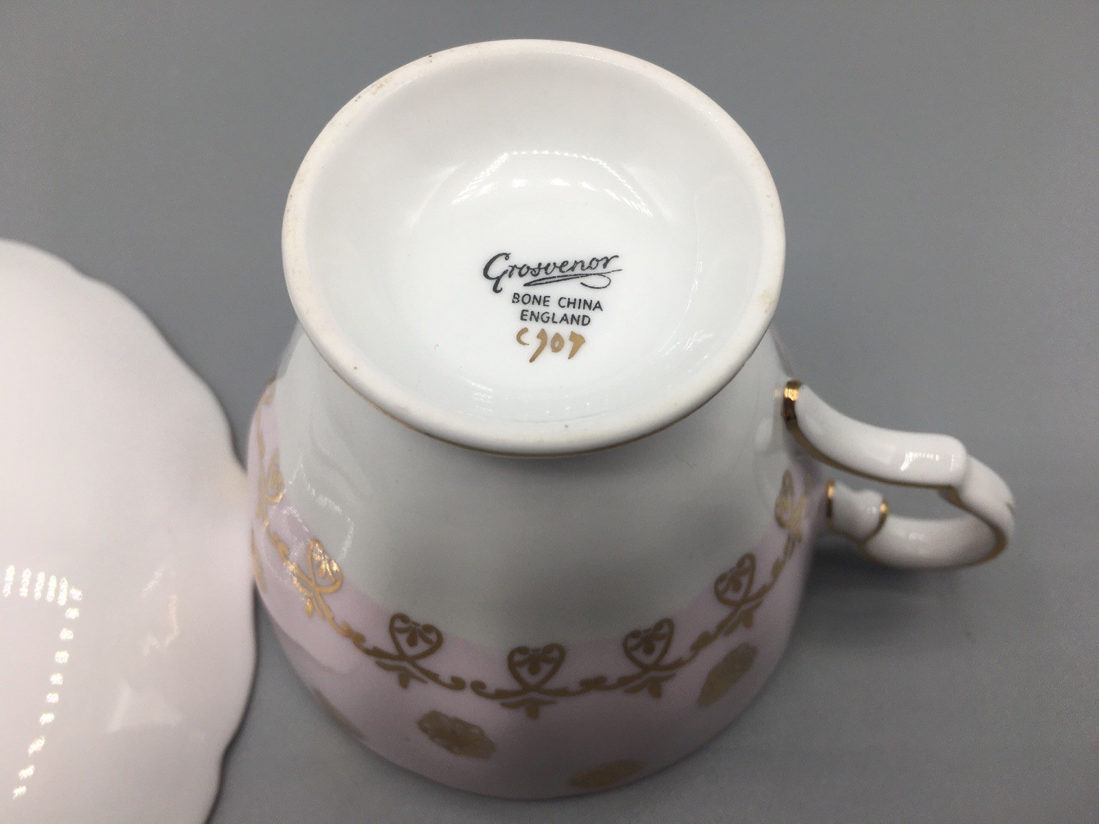 Grosvenor Teacup & Saucer Banded Pink & Gold Floral England Bone China Vintage