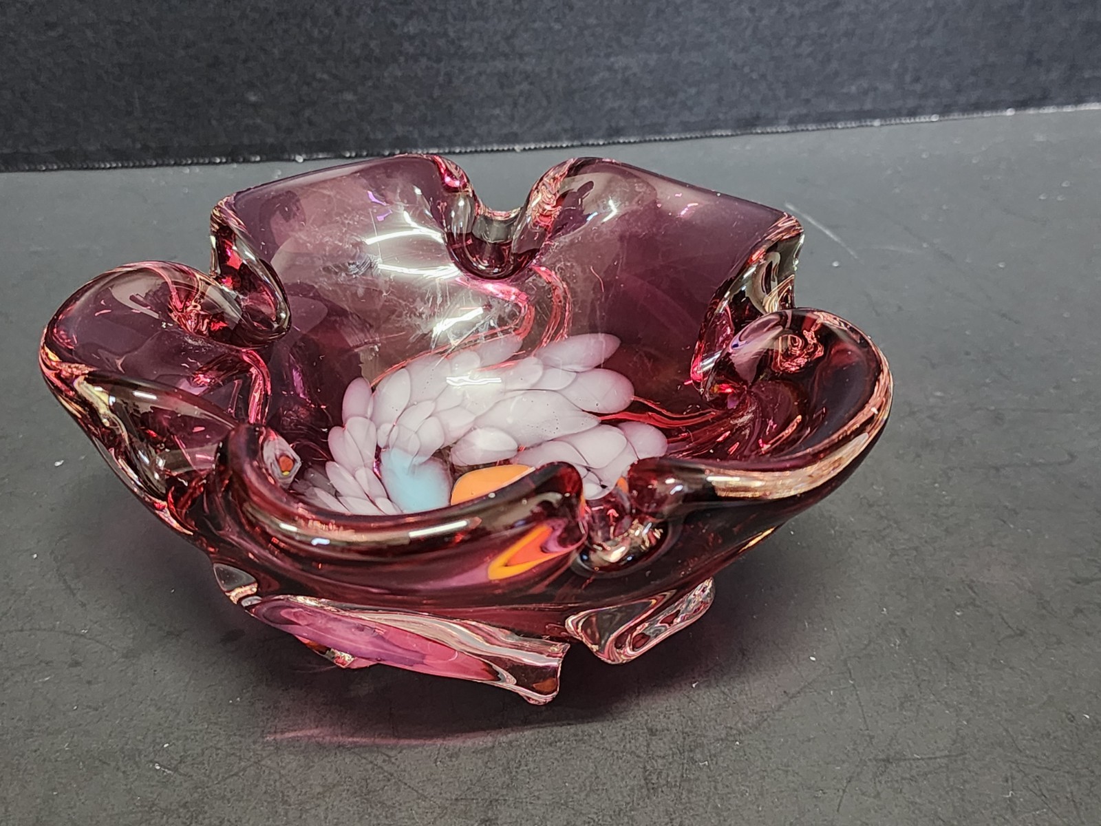 Bohemian Glass Bowl Pinched Side Purple Orange Swirled Bottom