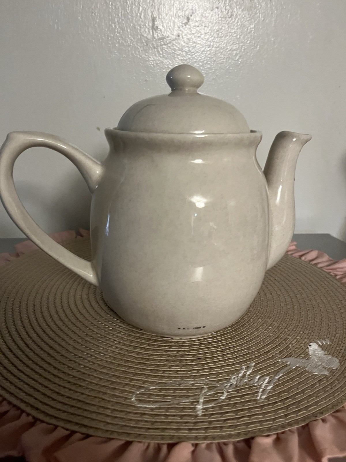Vintage 1988 WBI ceramic teapot with country geese motif blue/pink ribbons