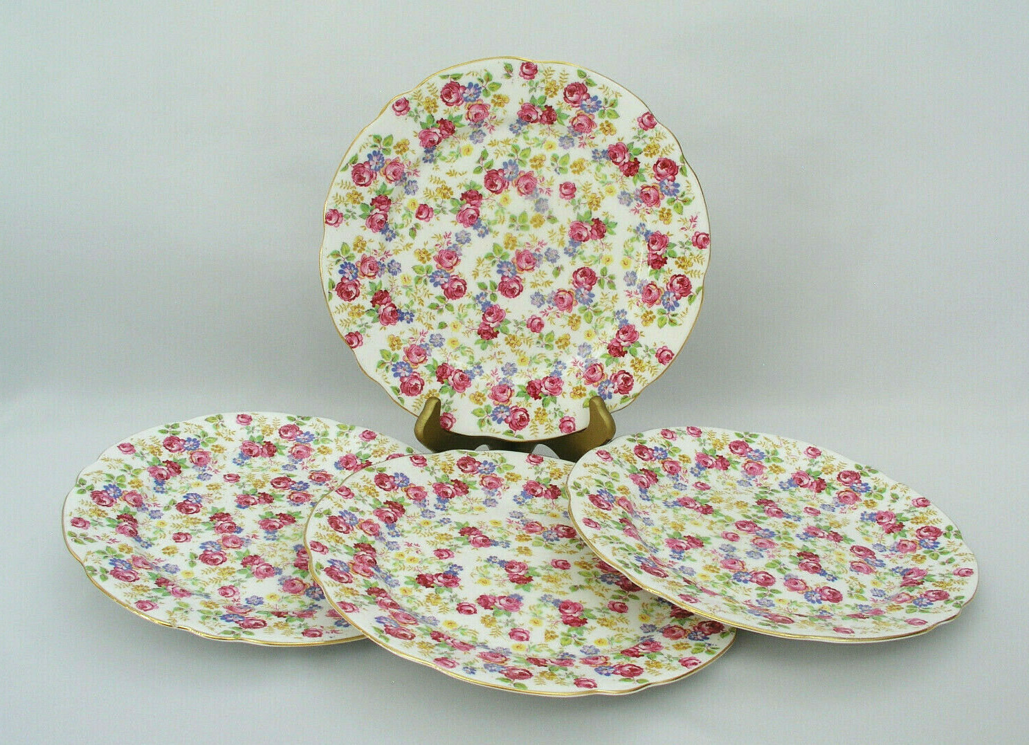 (4) ROYAL STAFFORD JUNE ROSES (CHINTZ) 9 3/4″ DINNER PLATES – ENGLAND BONE CHINA
