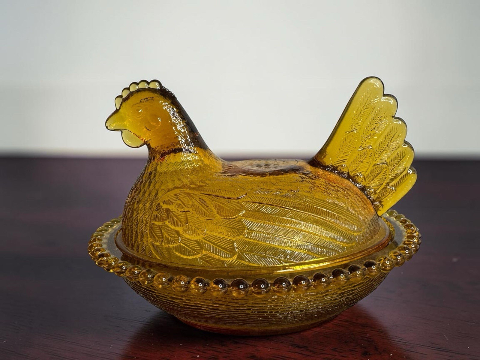 Vintage Indiana Glass Amber Hen on Nest – Beaded Edge Candy Dish MCM Granny Core