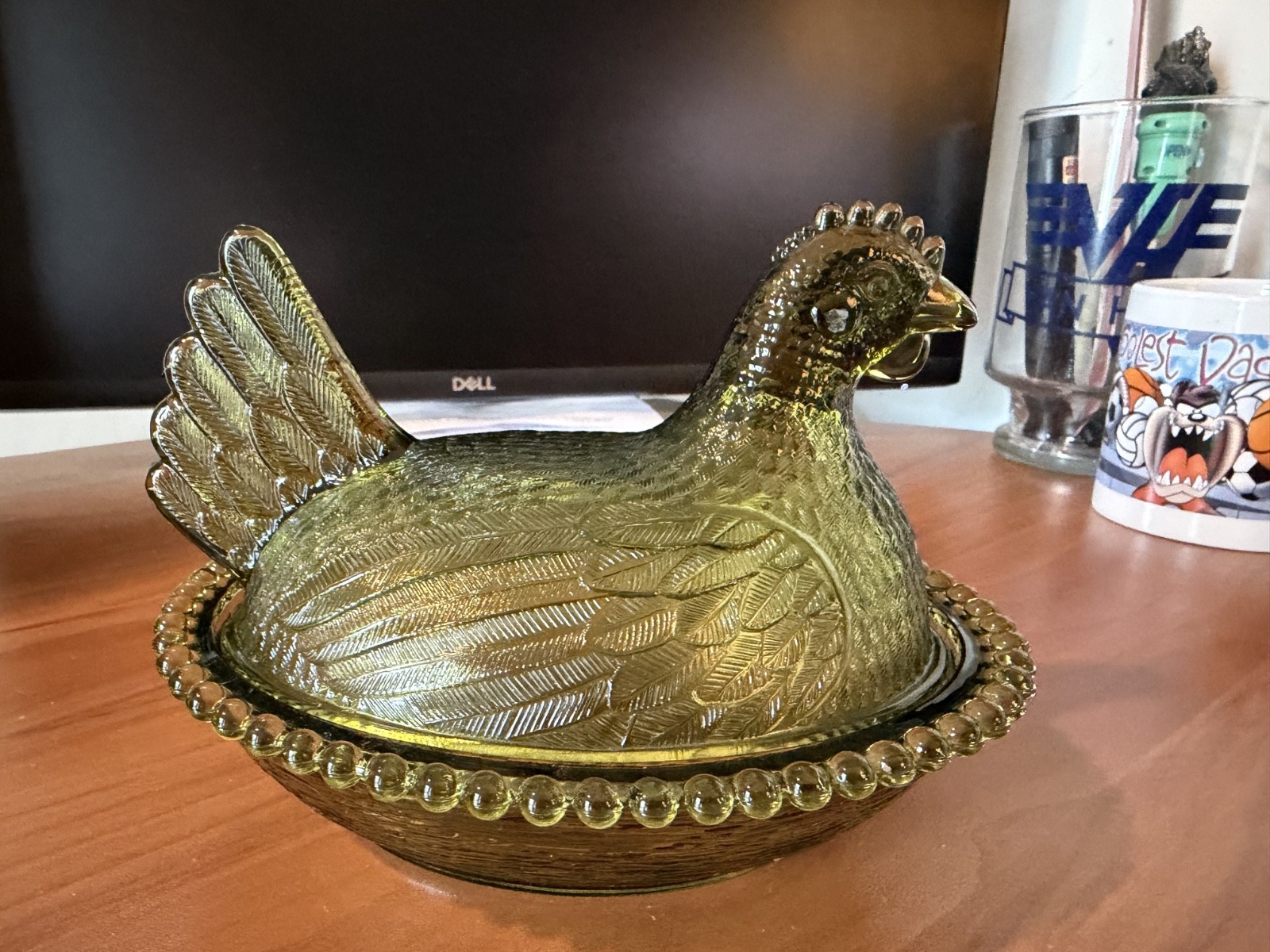 VTG * Indiana Glass * GREEN * Hen On Nest Covered Candy Dish * Carnival