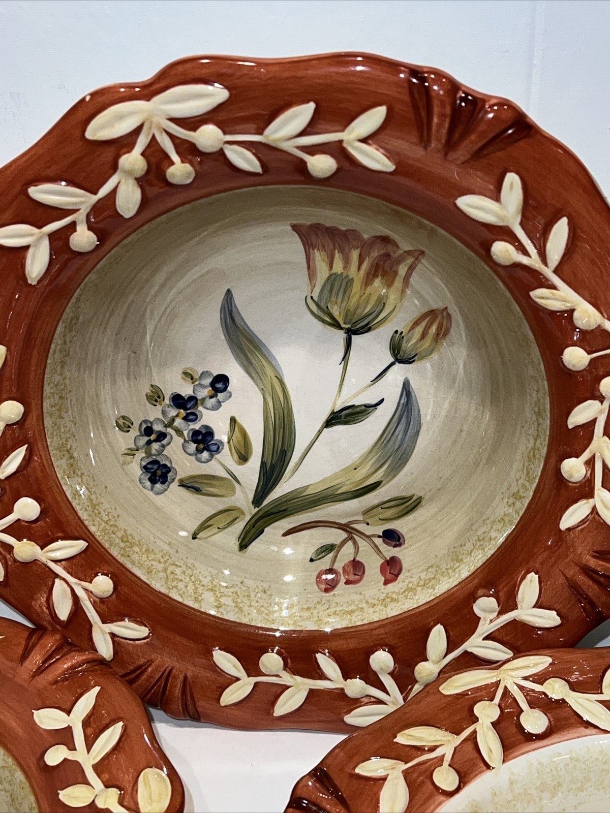 Lot 5 La Toscana by Certified Cereal Soup Serving Bowl Rust Rim Embossed Floral