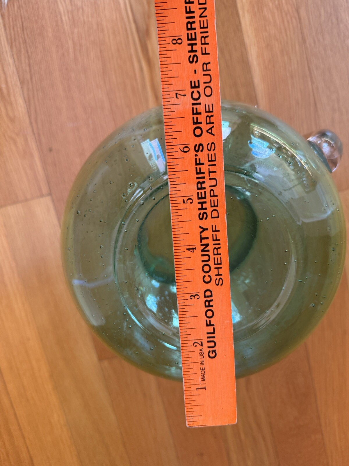 END 7/23 Large Hand Blown Green Bubble Glass Pitcher Heavy Applied Handle Seeded