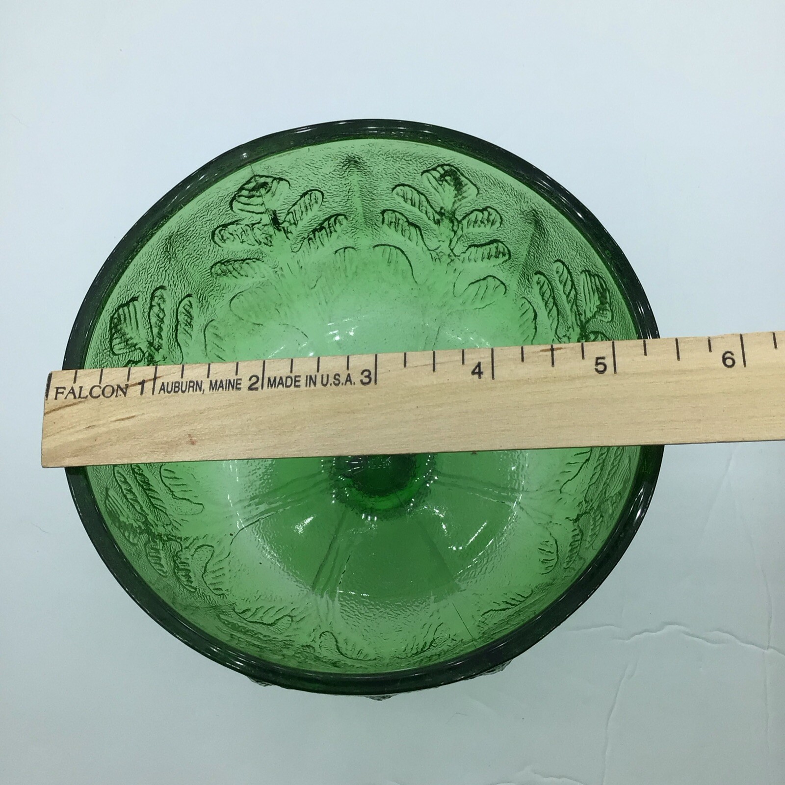 FTD Green Glass Vintage Pedestal Bowl Impressed Oak Leaf Design
