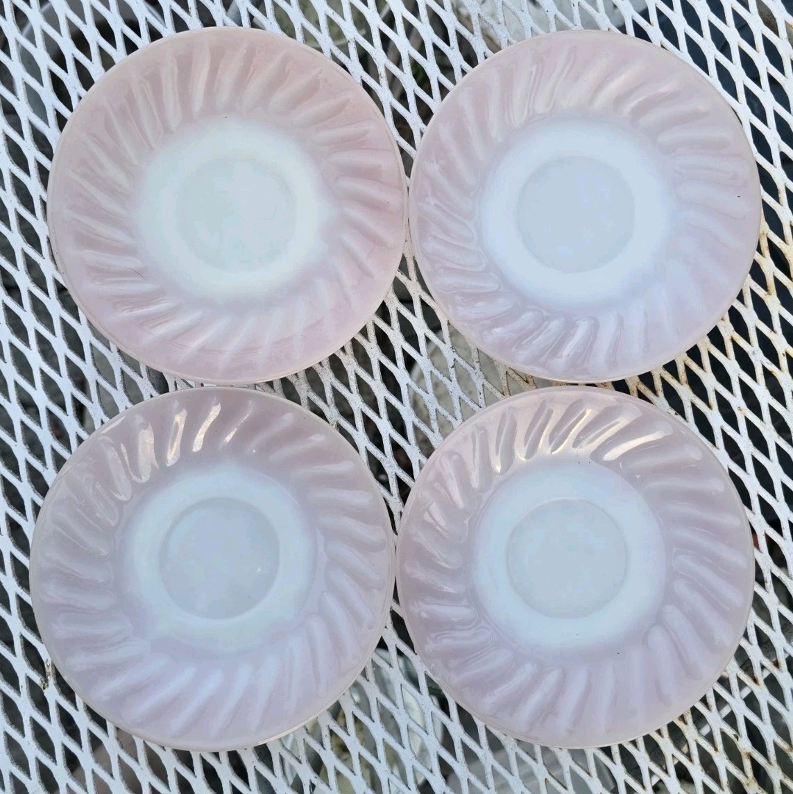 Set of 4 FIRE KING Pink Swirl 6″ Saucer/Dessert plates. Free Shipping. Beautiful