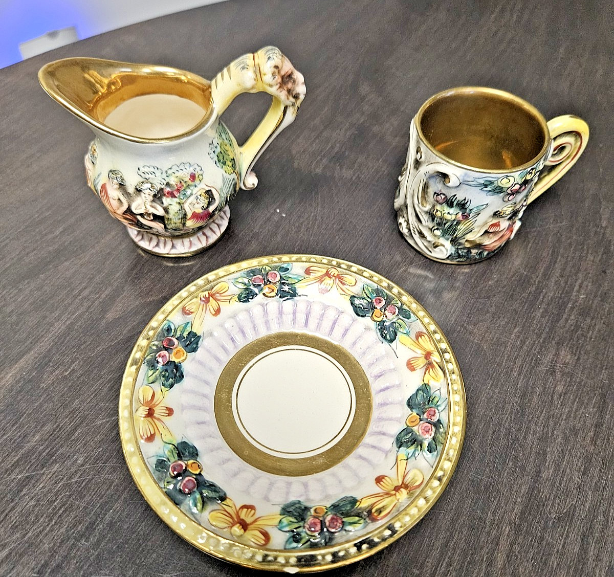 Vintage Capodimonte Demitasse Cup, Saucer, Small Creamer Pitcher Italy