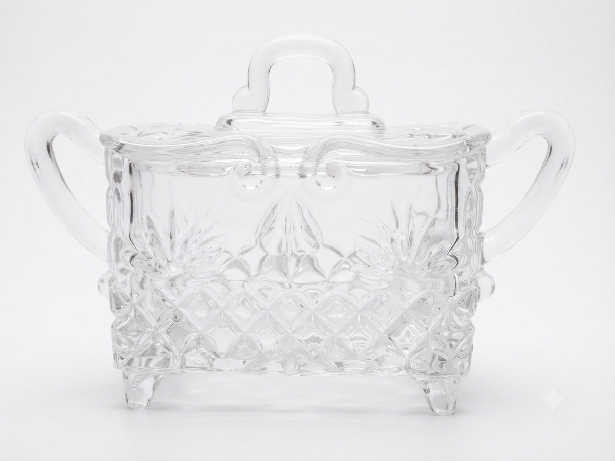Antique EAPG pressed glass sugar bowl starburst pattern footed square lidded lid