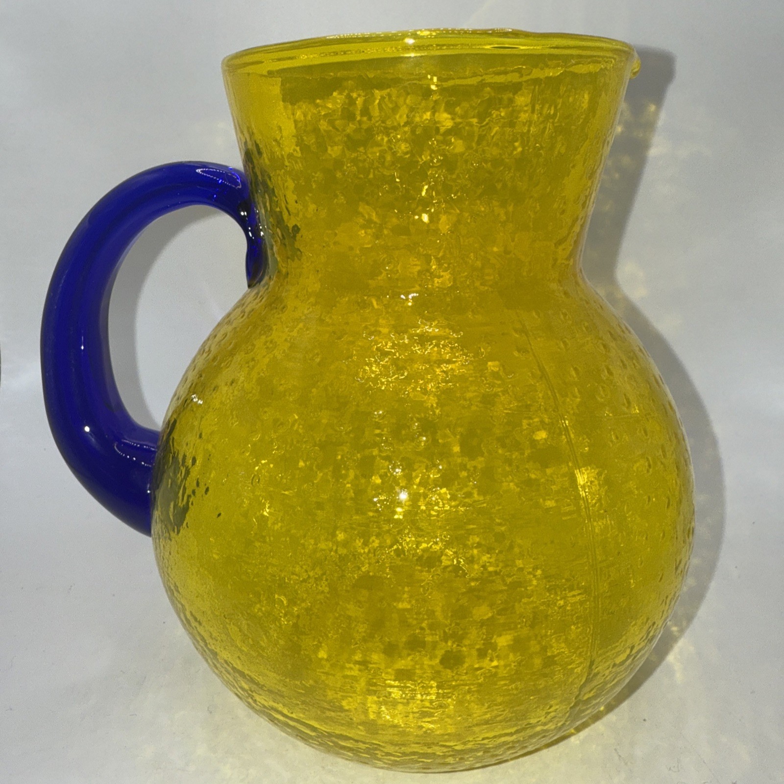 Lemon Yellow Glass Juice Pitcher w/Cobalt Blue Handle Bubble Texture 7”Hx 6”W