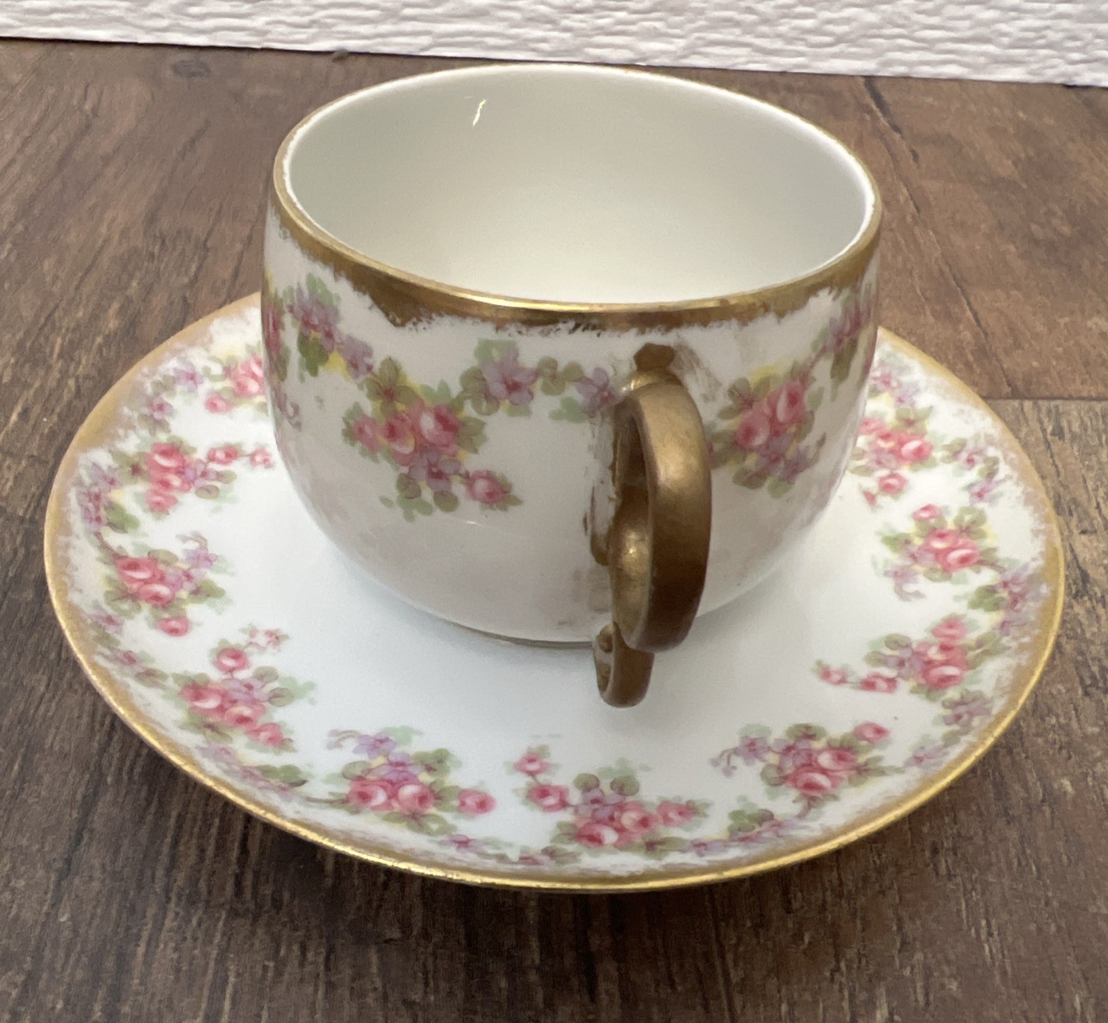 VTG Elite Works Limoges France Bridal Wreath Tea Cup & Saucer Pink Gold Trim