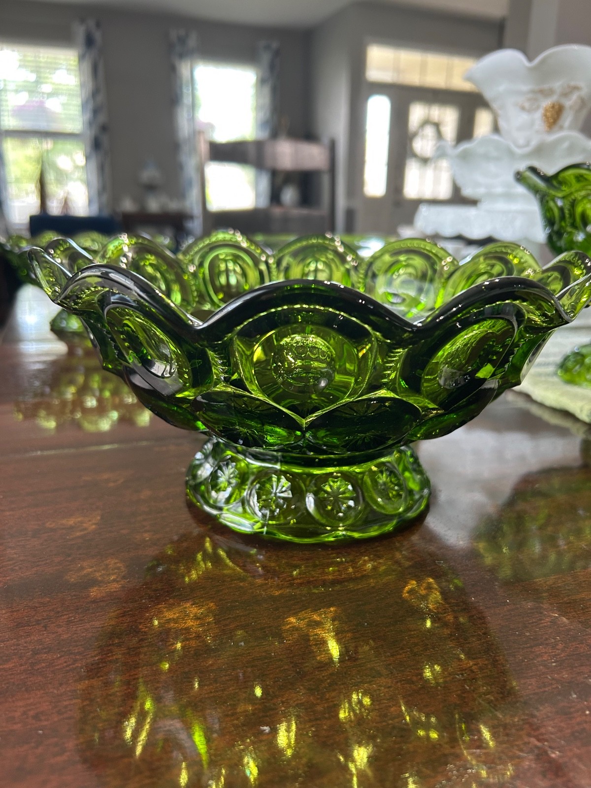 Vintage 4pc L.E. Smith Green Moon & Stars Set Cake Pedestal 2 Bowls 1 Compote