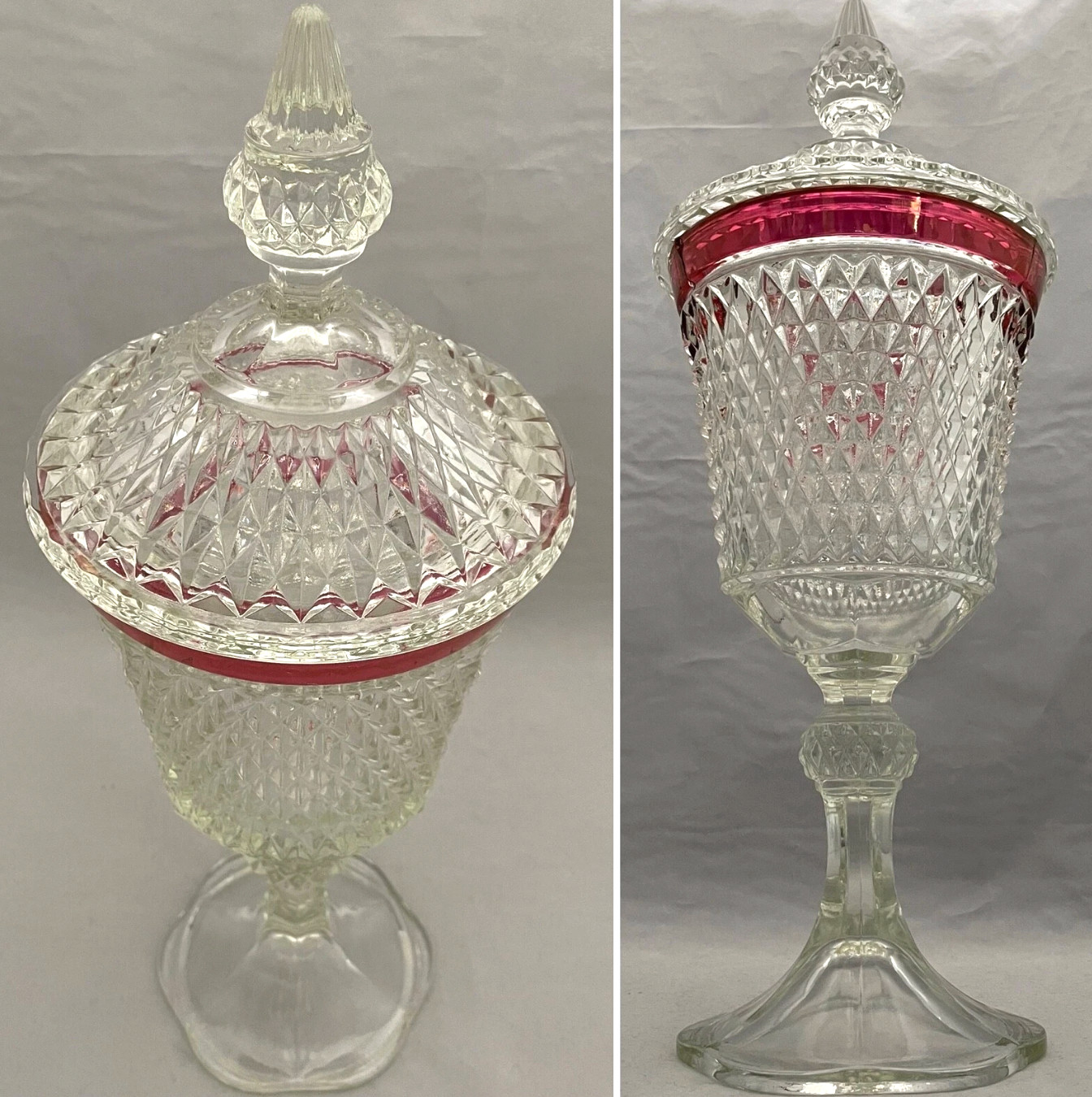 VTG Indiana Glass Diamond Point Ruby Band Covered Candy Dish Chalice 15.5″ Tall