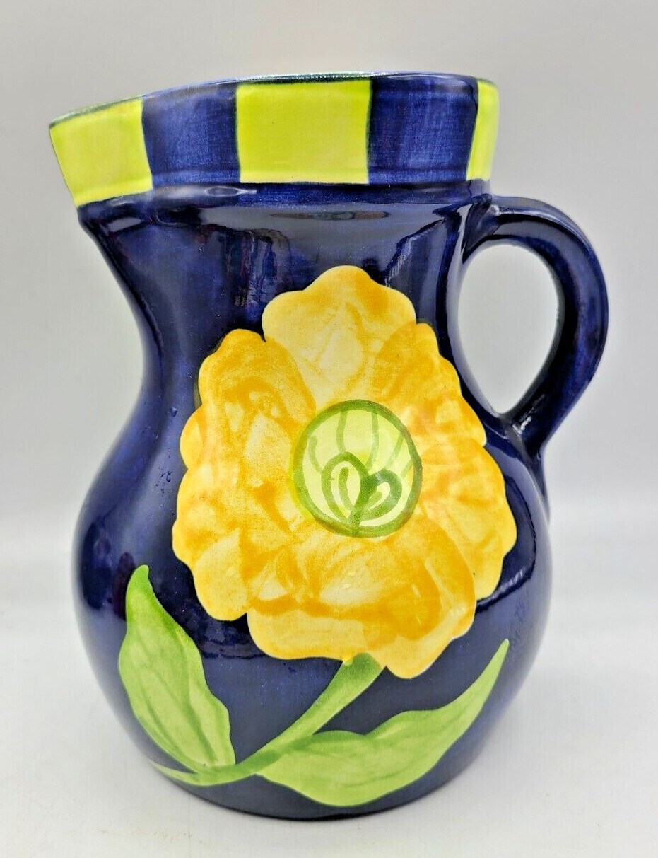 Cobalt Blue Yellow Floral Pitcher Hand Painted Laurie Gates Vintage