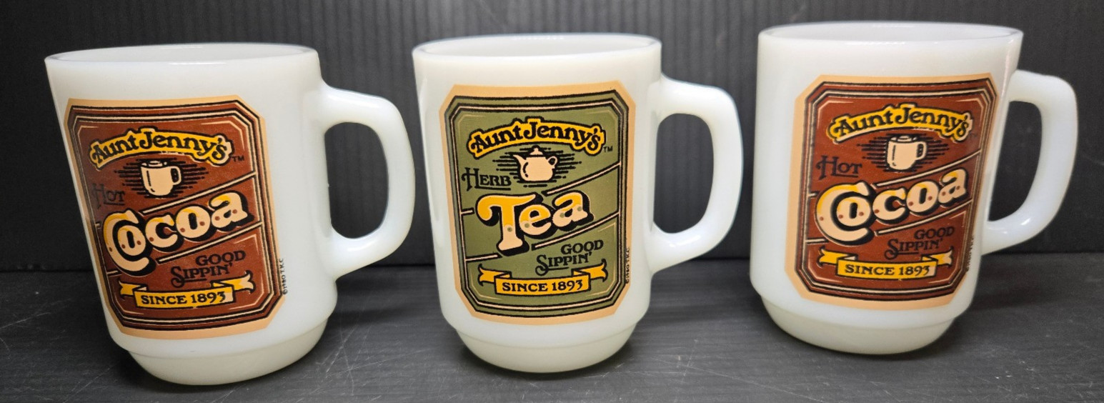 Set of 3 Vintage 1980s Anchor Hocking Aunt Jenny’s Cocoa & Tea Milk Glass Mugs