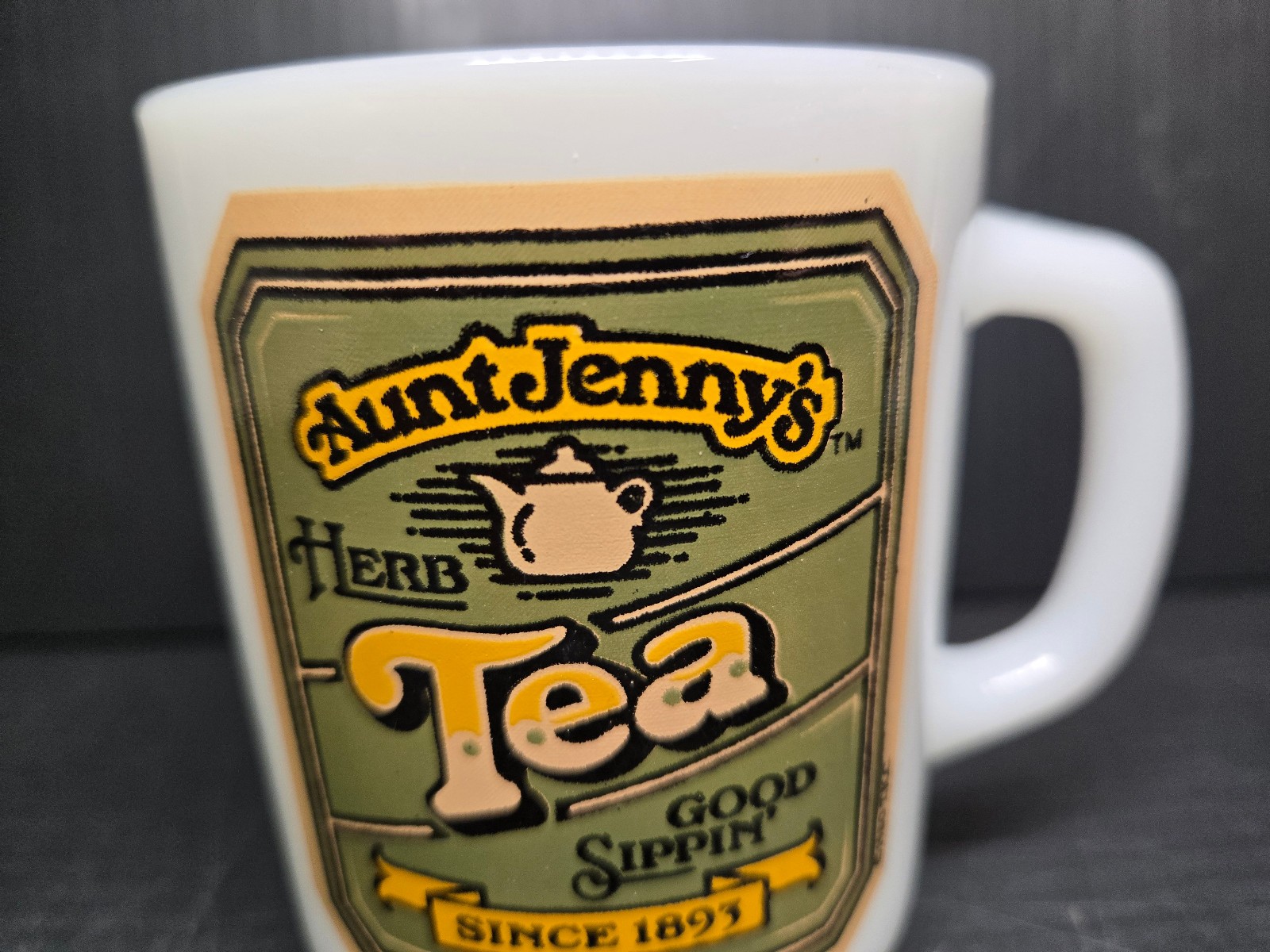 Set of 3 Vintage 1980s Anchor Hocking Aunt Jenny’s Cocoa & Tea Milk Glass Mugs