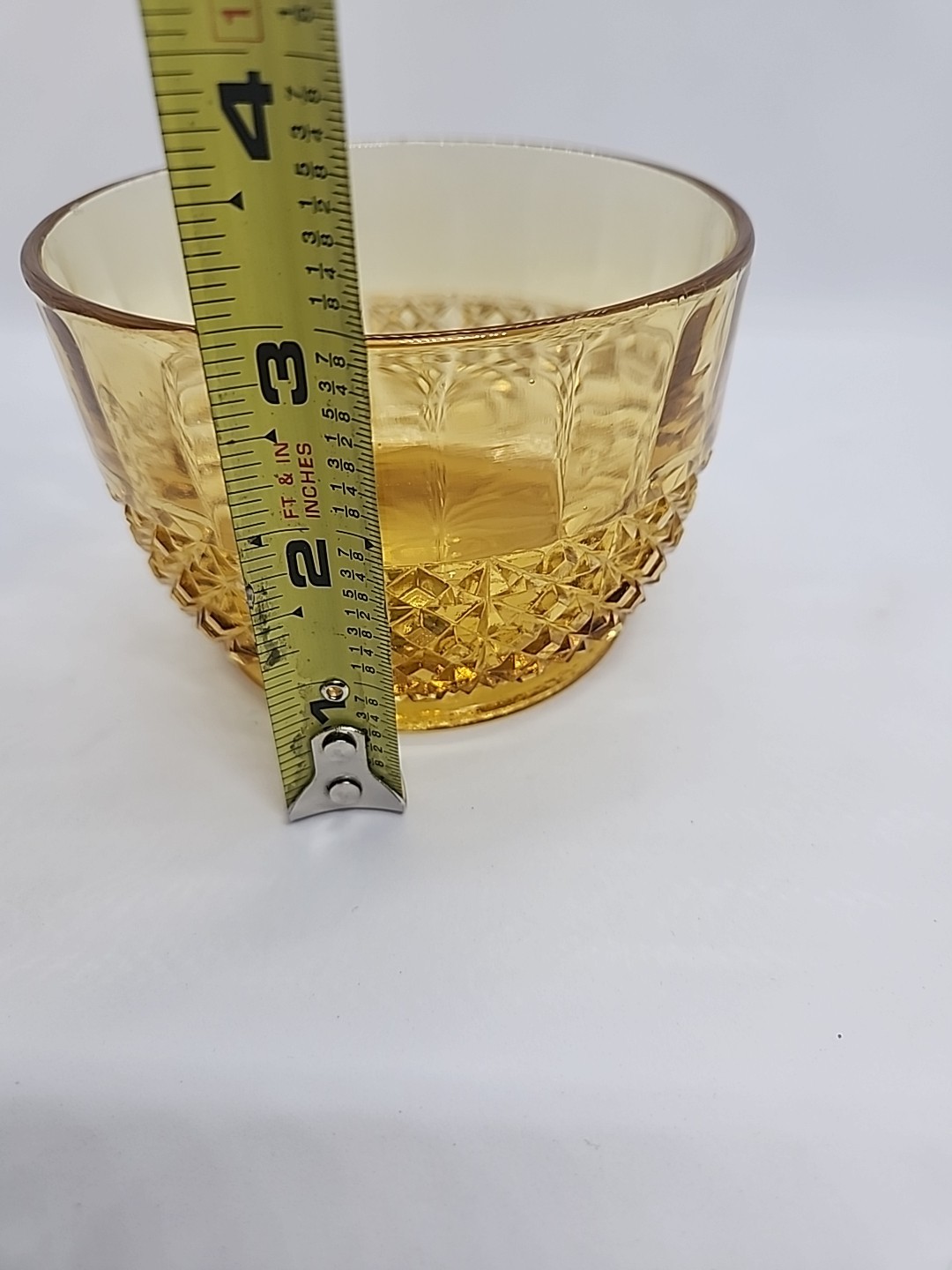EAPG Canton Glass Co Amber Finger Bowl Diamond Point 4.25″