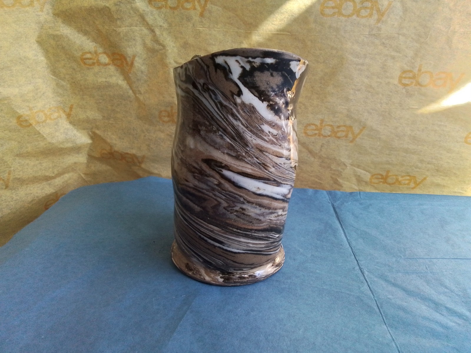 Handcrafted Agateware Pottery Pitcher, Asymmetrical, Multicolor, 4.5″H, Unsigned