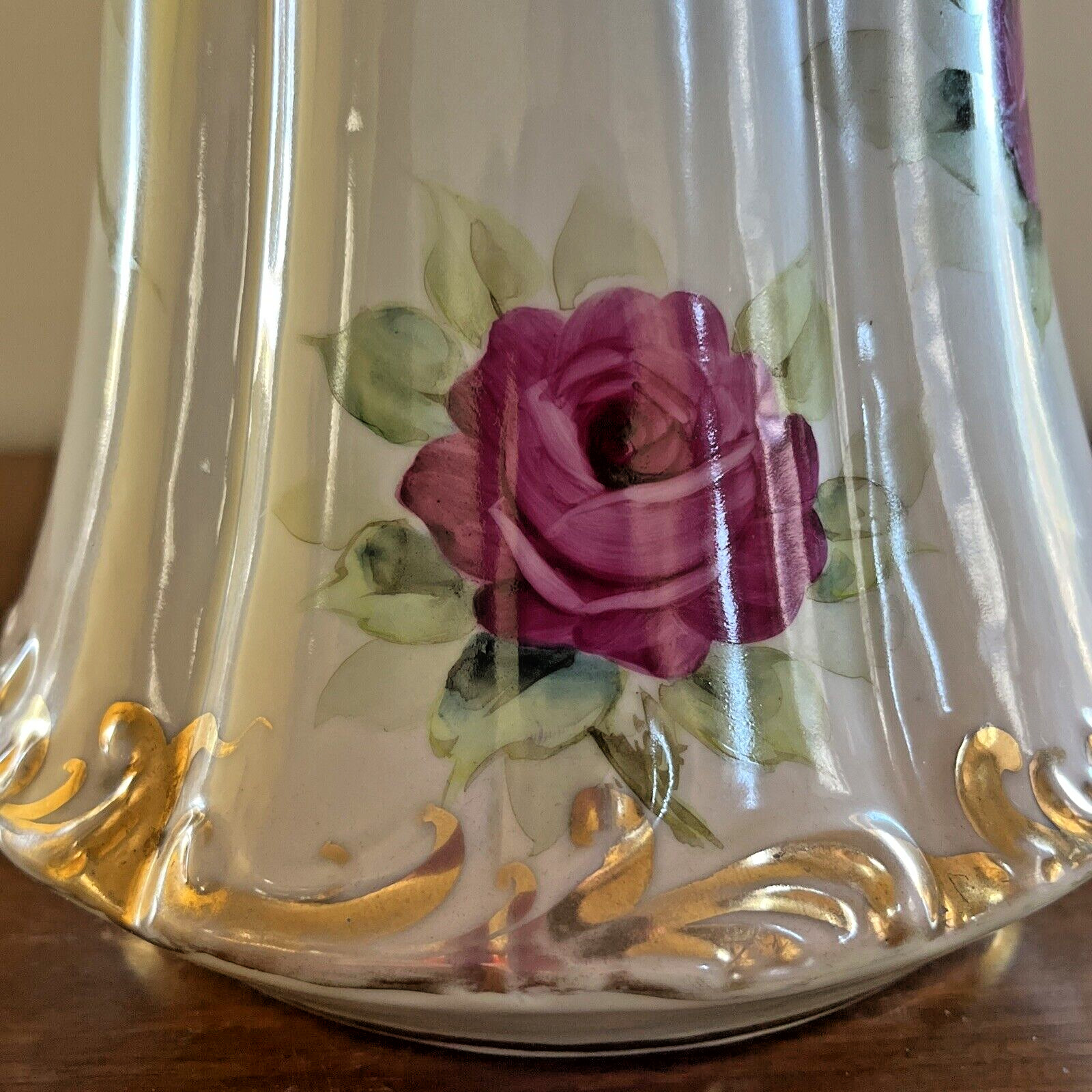 Antique Tall Pitcher Hand Painted Vase Tankard Ewer Roses Gold 15.5