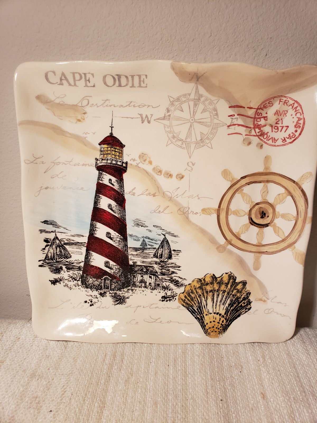 MAXCERA RED LIGHTHOUSE Square Serving Platter 10.5 Inches