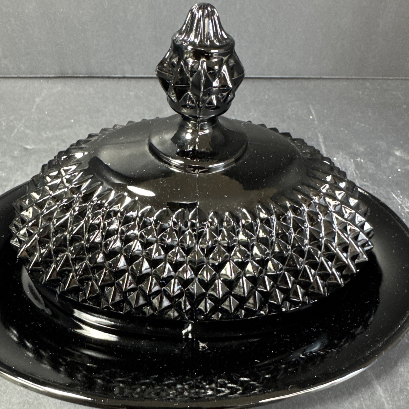 VINTAGE INDIAN BLACK AMETHYST GLASS, DIAMOND CUT, VAL COVERED BUTTER DISH
