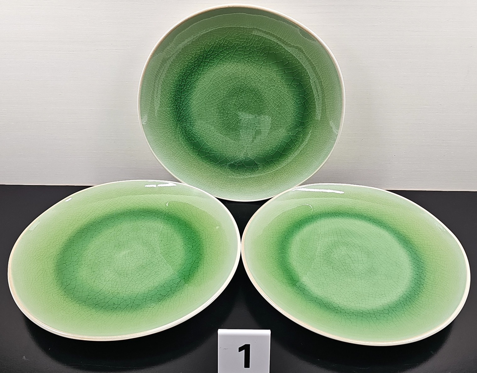 6 Roscher Crackle Glass Green Dinner Plates Set Elegant Stoneware Table Dish Lot