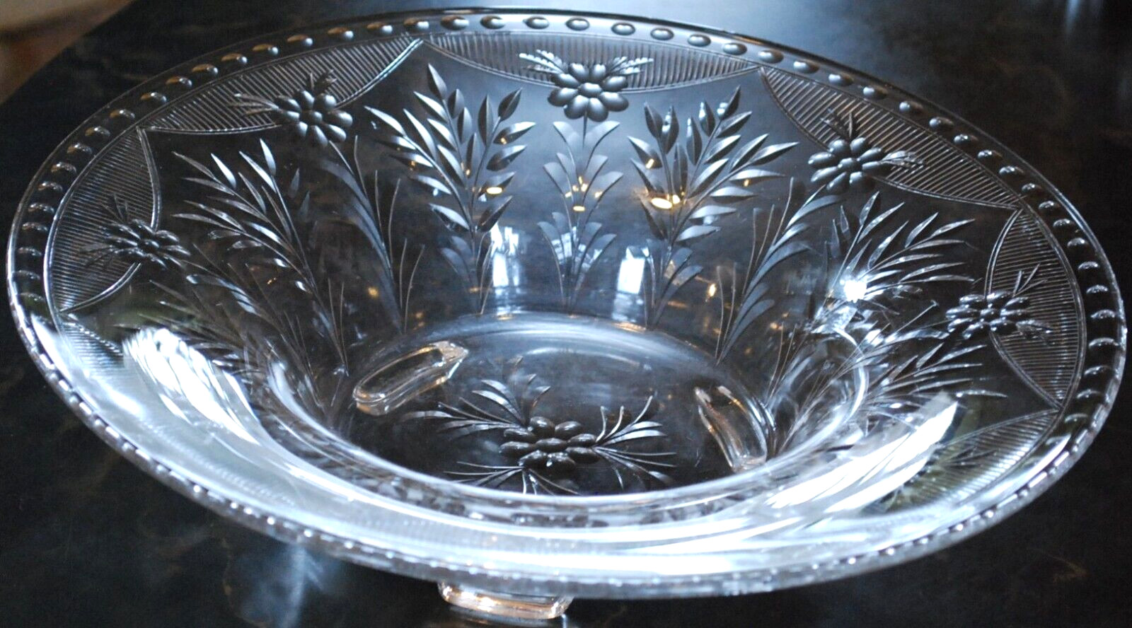 Vintage ROCK SHARPE Crystal FOOTED WIDE BOWL Clear Cut Floral & Dots 12.25″ EXC