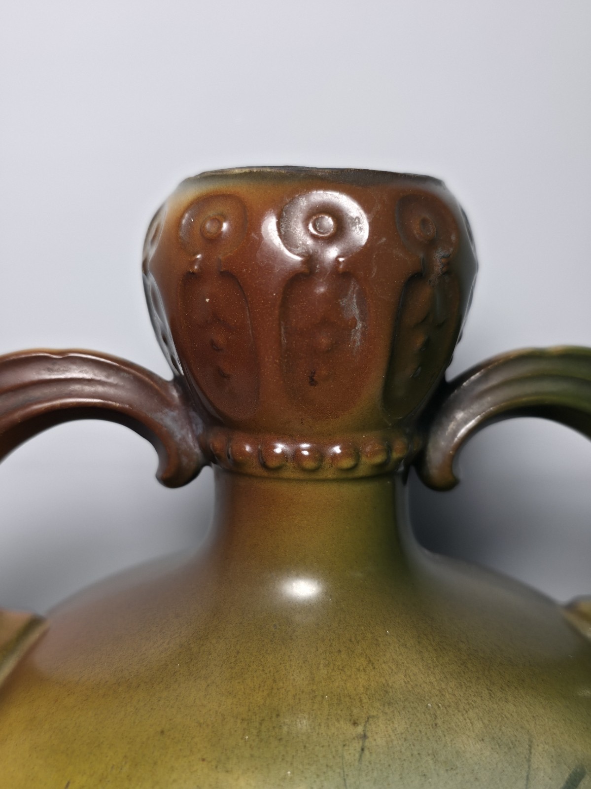 Antique Decorated Porcelain Dual Handle Pitcher Signed w/ Griffin El Unico Logo