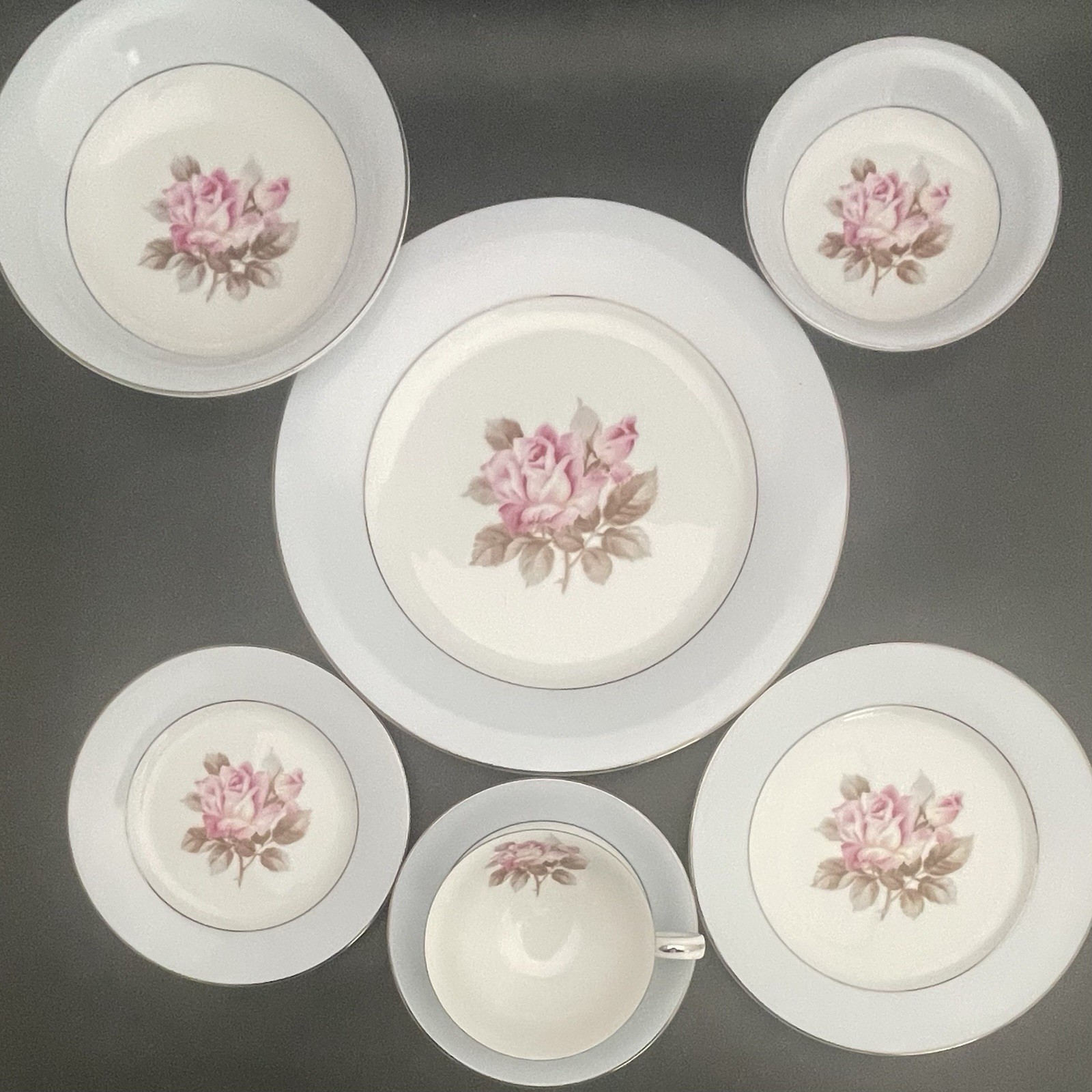 Noritake Nippon Toki Kaisha 1584 Rose Blue Platinum 46pc Dinnerware for 6 c1947