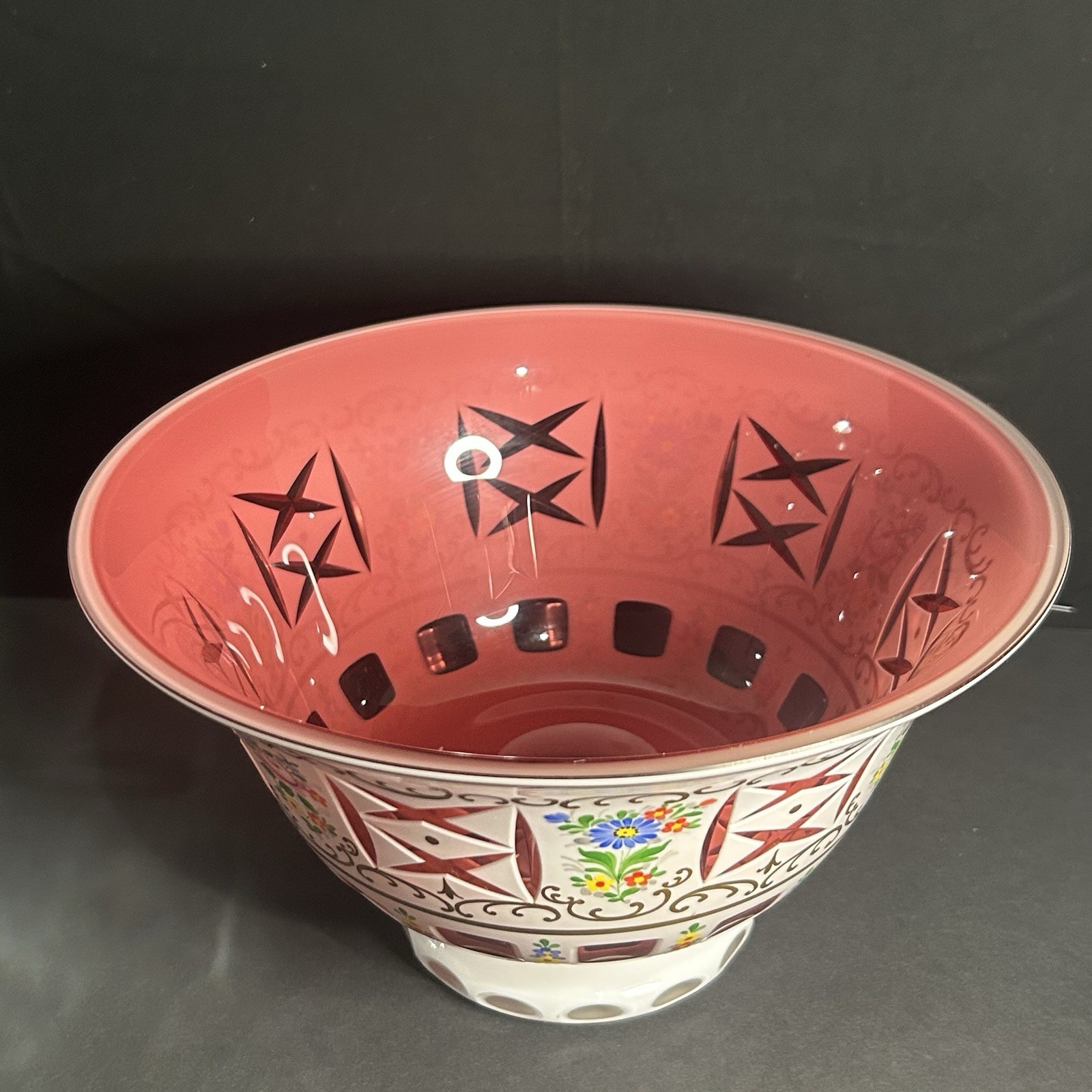 Bohemian Czech White Glass Cut to Pink Pedestal Bowl Hand Painted Flowers 9”