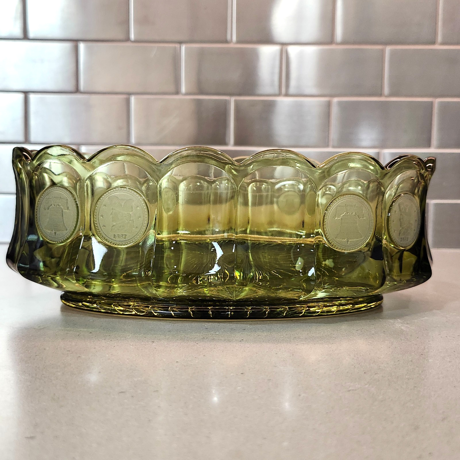 Vintage Fostoria Olive Green Glass Coin Scalloped Edge 9” Oval Serving Bowl