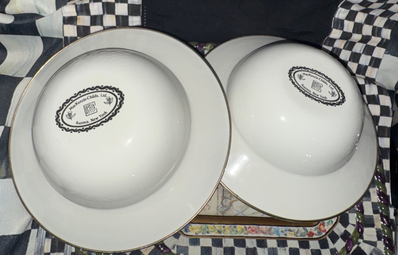 (2) Camp Mackenzie Childs 8” Breakfast Bowls, Courtly Check Enamel