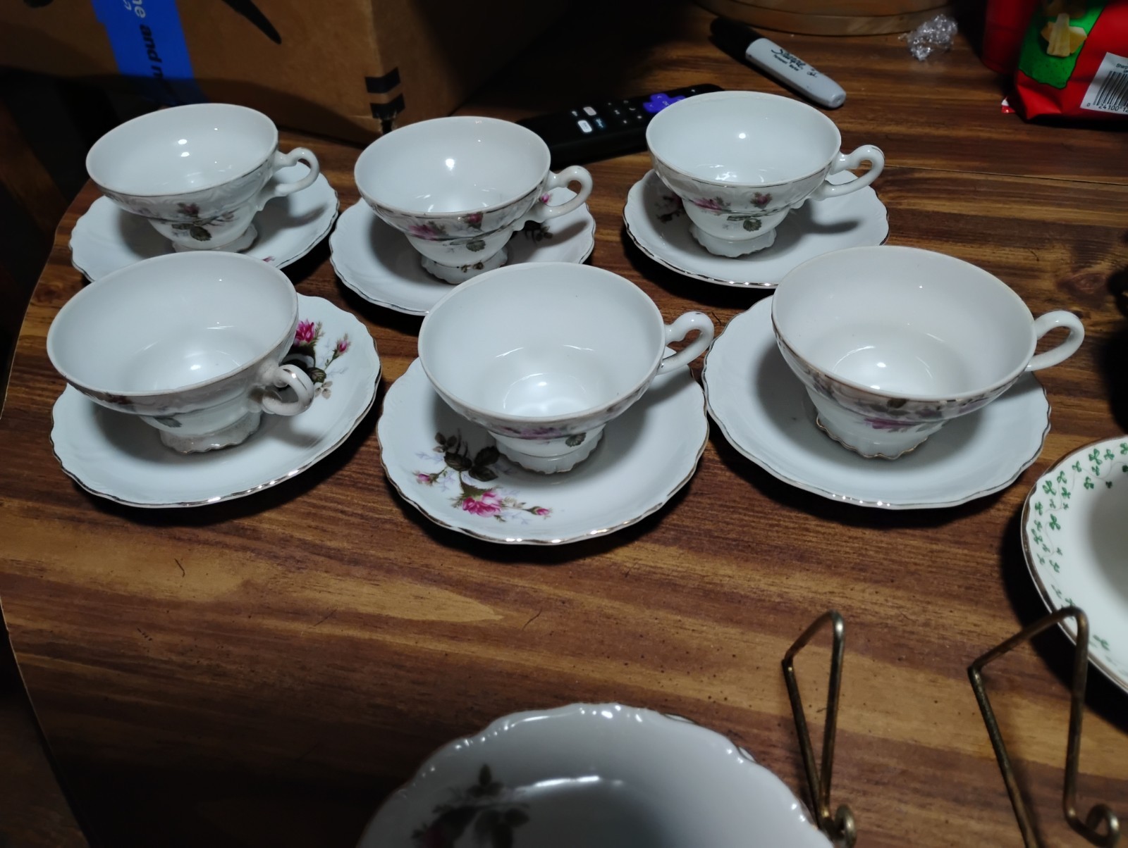 Porcelain Floral Tea Cups & Saucers Set 10-Piece White Pink Green Glossy