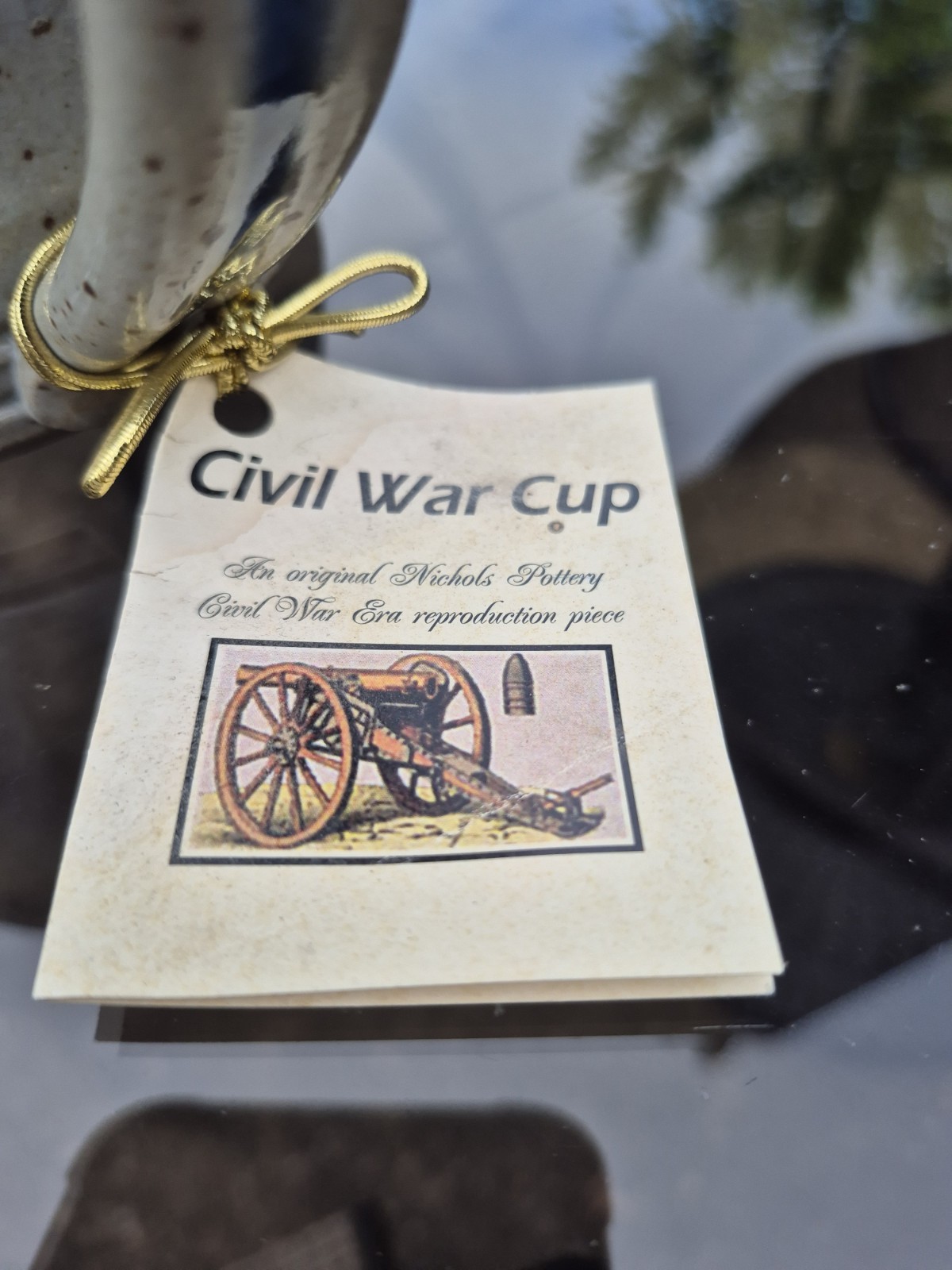 NICHOLS POTTERY Brown Tan Blue Stoneware Civil War Cup – North Carolina – W/ Tag