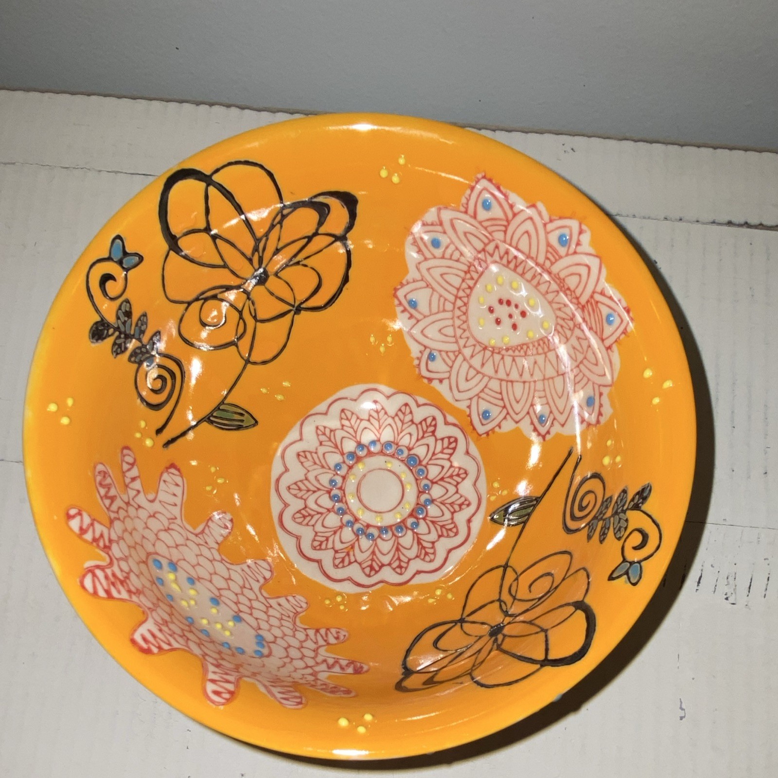 Yokohama Studio Hand Painted Orange/White Floral Ceramic Round Bowl, Glossy