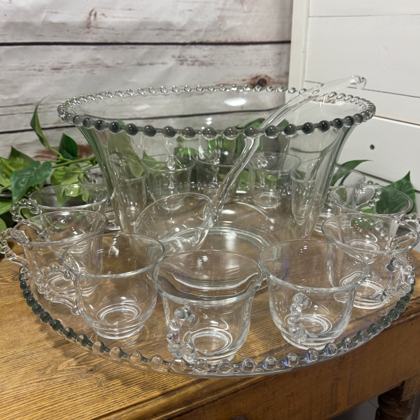 Imperial Candlewick Clear Glass Punch Bowl Ladle Underplate 12 Cups Complete Set