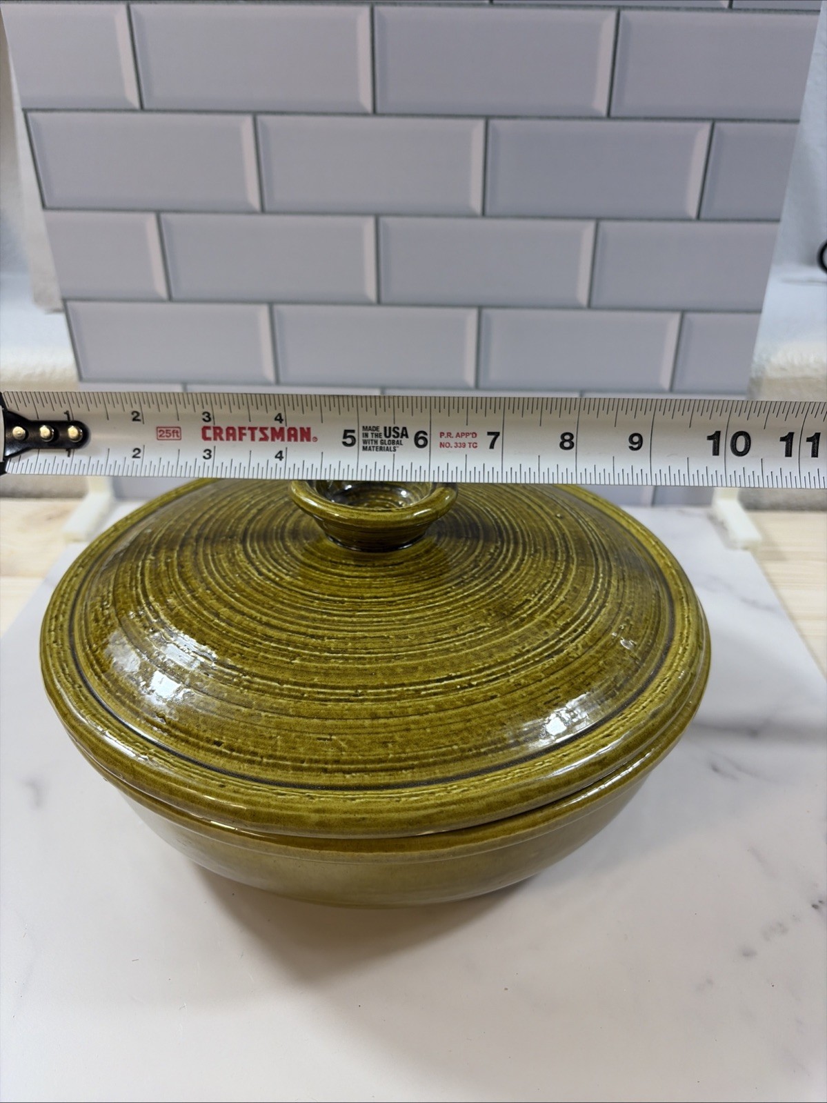 Vintage USA Olive Green Casserole Dish Bowl Lid Pottery Stoneware; MCM Beauty!!