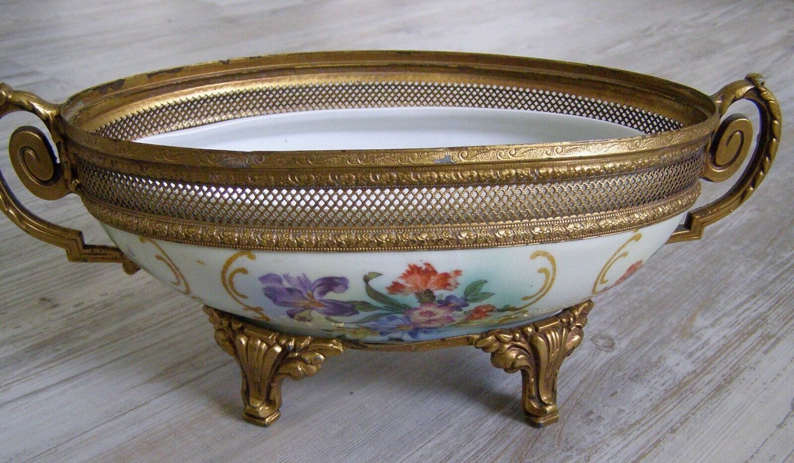 Antique Karlovy Vary Porcelain Serving Dish Gilt metal base bottom stamped #23