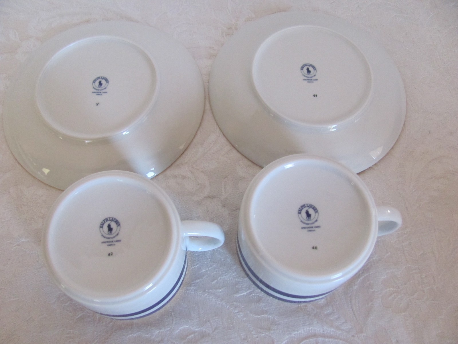 RALPH LAUREN Spectator Cadet-Blue Bands/Gold Trim- 2 Cups & 2 Saucers